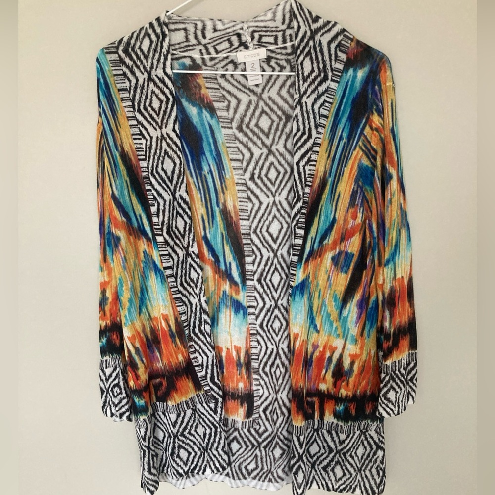 Chicos Women Ikat Colorful Lightweight Cardigan Large 2 Statement Career